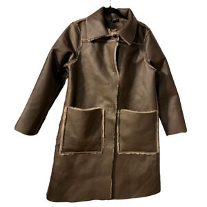 Maeve Women's Faux Leather Coat Petite Size MP NEW Brown Faux Fur Trim Retro